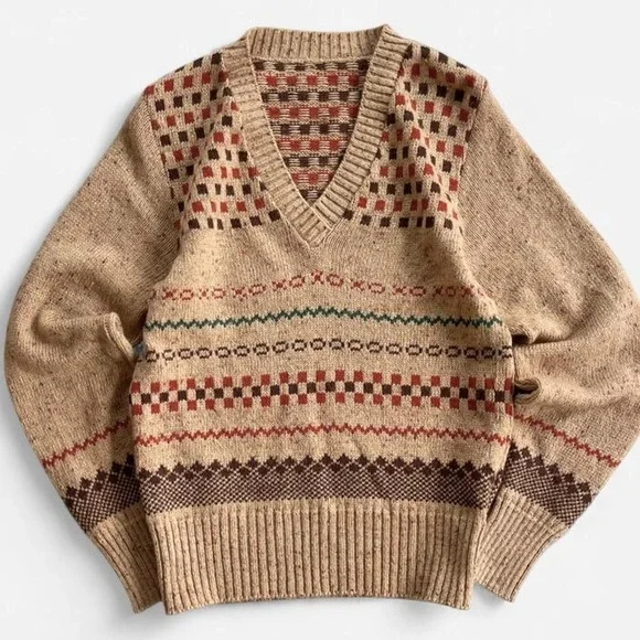 Vintage Sweater & Vest Set Tan Tone Brown Orange Green Checkered Wool Knit 2pc. - Picture 2 of 8